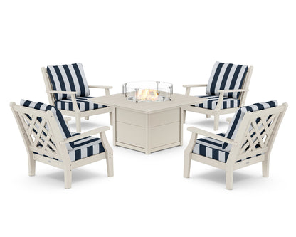 Country Living Wovendale 5-Piece Deep Seating Set with Fire Pit Table in Sand / Cabana Stripe Marine Indigo