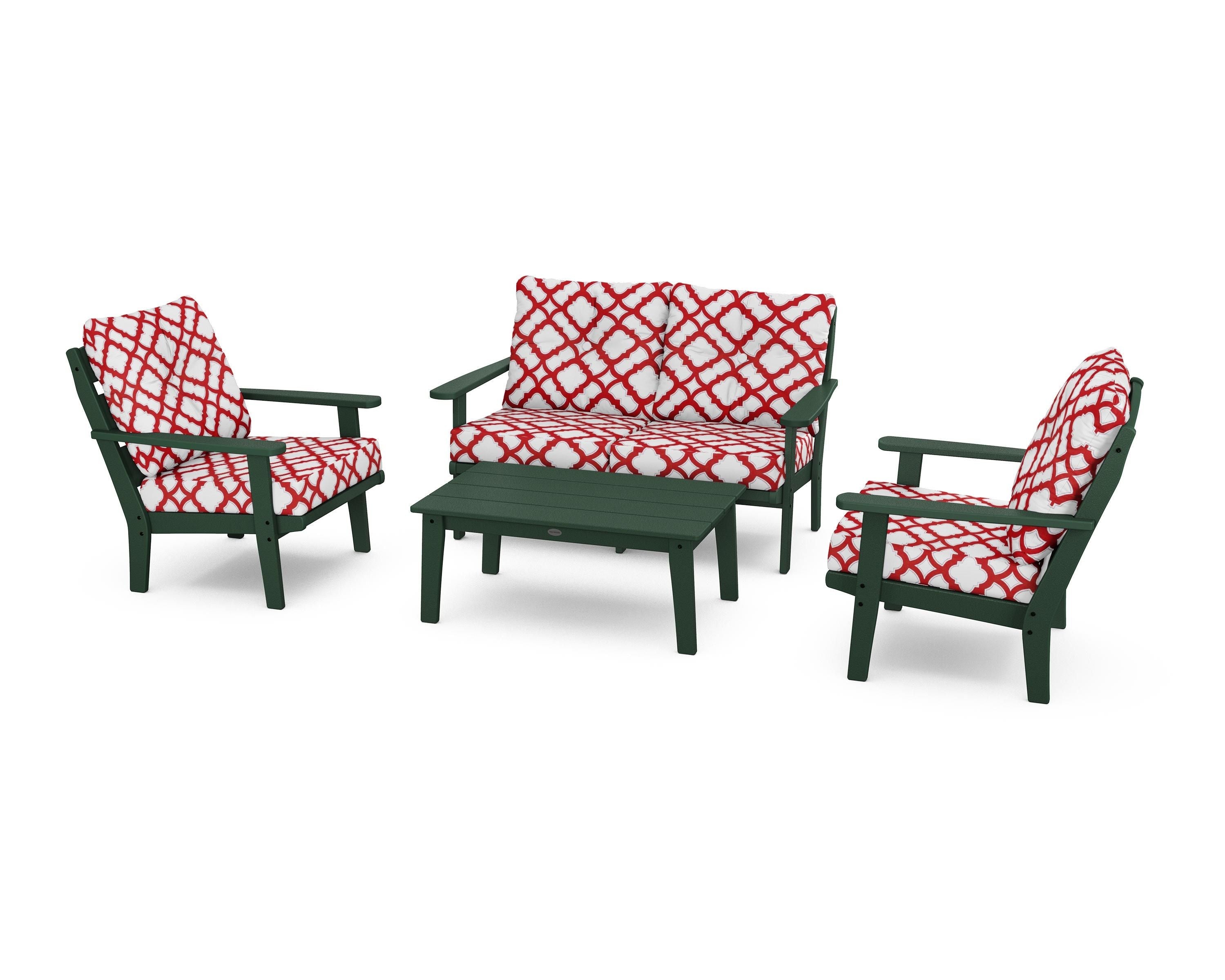 POLYWOOD® Lakeside 4-Piece Deep Seating Set in Green / Trellis Crimson