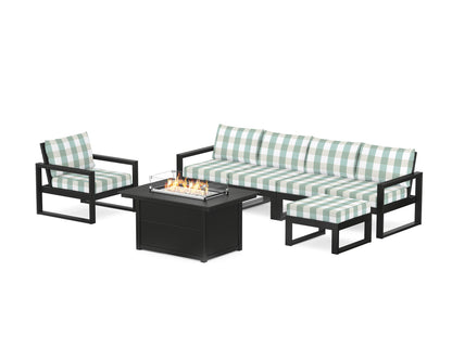 POLYWOOD® EDGE Sectional Lounge and Fire Pit Set in Black / Buffalo Plaid Glacier Spa