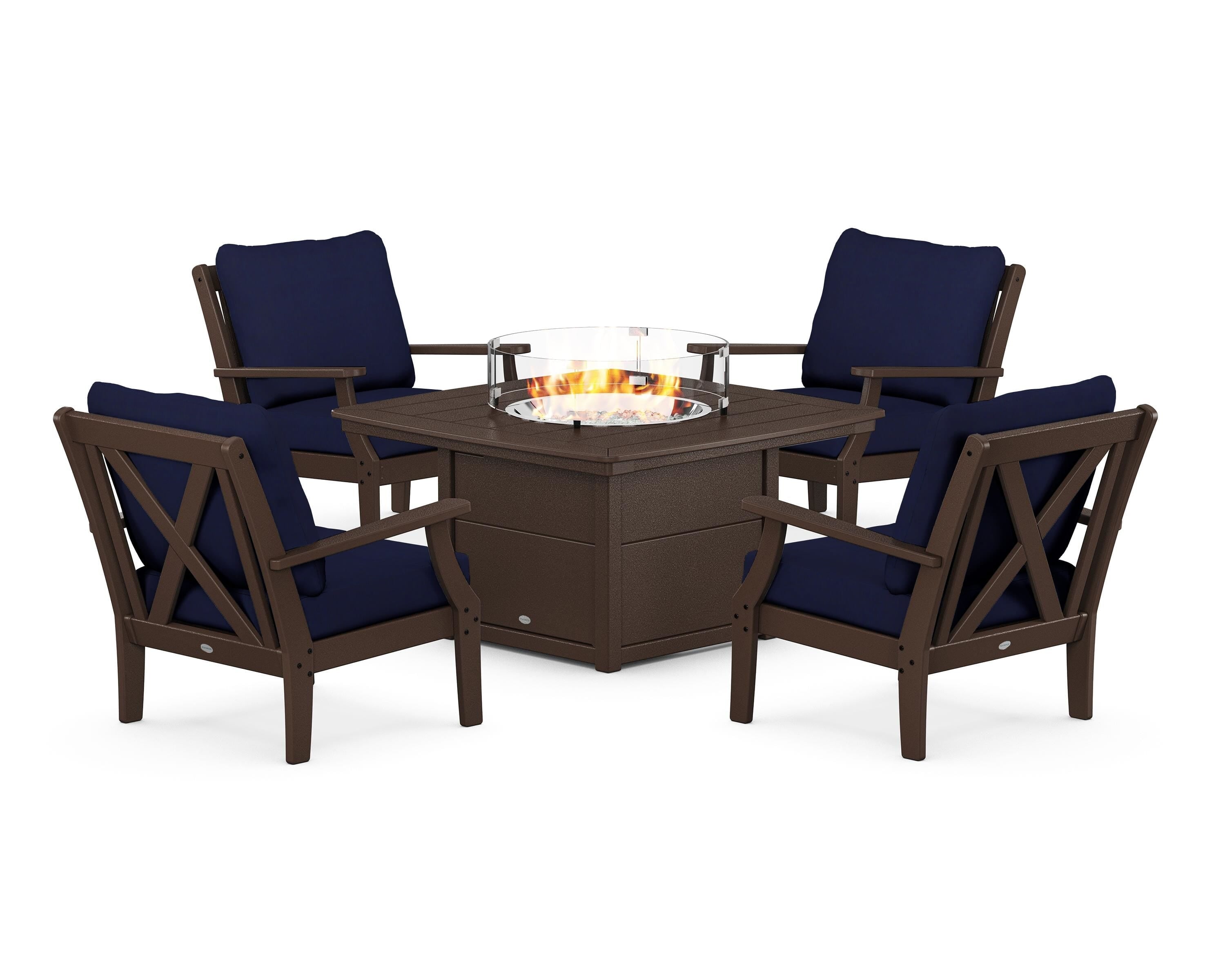 POLYWOOD® Braxton 5-Piece Deep Seating Conversation Set with Fire Pit Table in Mahogany / Navy