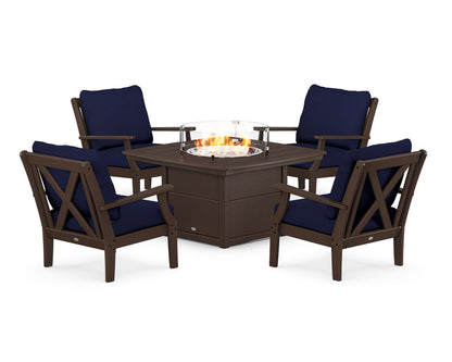 POLYWOOD® Braxton 5-Piece Deep Seating Conversation Set with Fire Pit Table in Mahogany / Navy