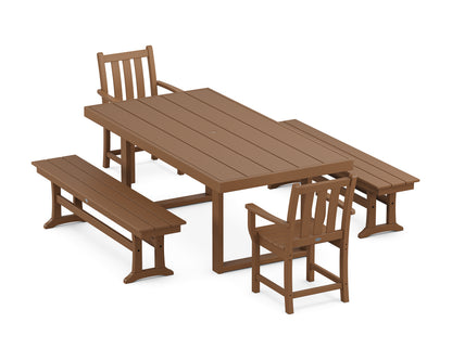 POLYWOOD® Traditional Garden 5-Piece Dining Set with Benches in Teak