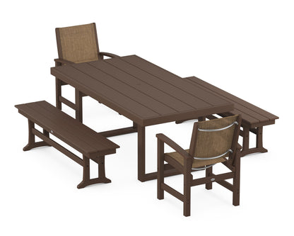 POLYWOOD® Coastal 5-Piece Dining Set with Trestle Legs in Mahogany / Burlap Sling