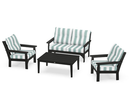 POLYWOOD® Vineyard 4-Piece Deep Seating Set in Black / Cabana Stripe Glacier Spa