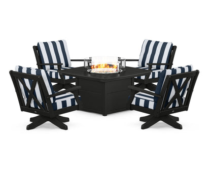 POLYWOOD® Braxton 5-Piece Deep Seating Swivel Conversation Set with Fire Pit Table in Black / Cabana Stripe Marine Indigo