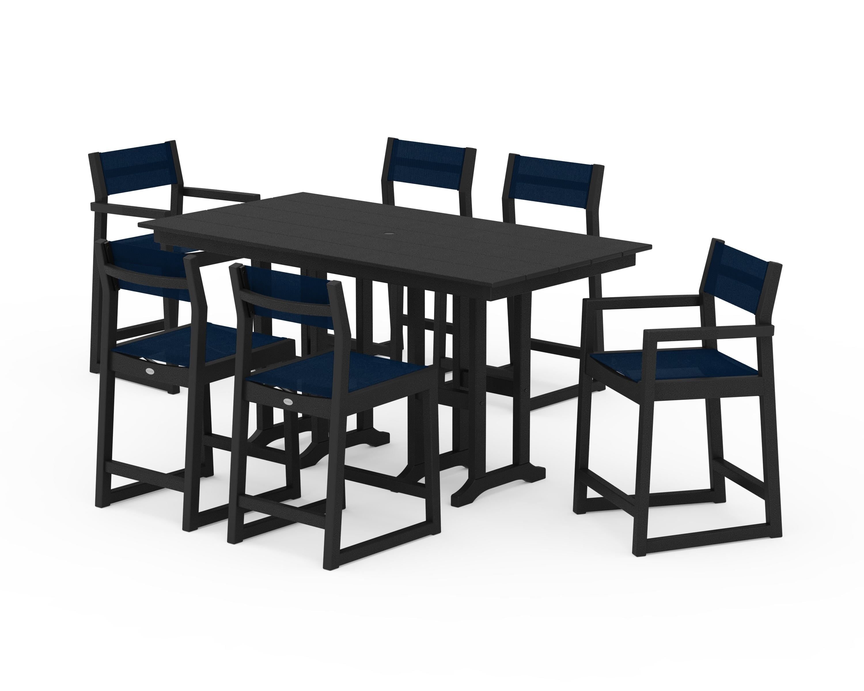 POLYWOOD® EDGE Sling 7-Piece Farmhouse Counter Set with Trestle Legs in Black / Navy Blue Sling