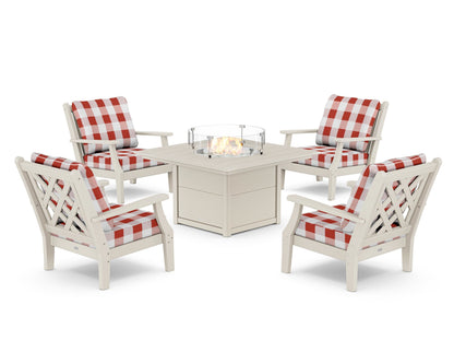 Country Living Wovendale 5-Piece Deep Seating Set with Fire Pit Table in Sand / Buffalo Plaid Crimson
