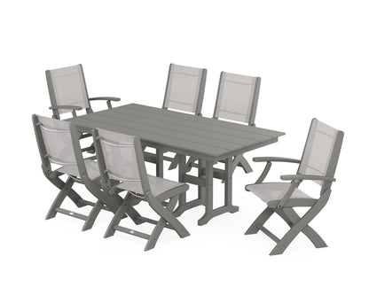 POLYWOOD® Coastal Folding Chair 7-Piece Farmhouse Dining Set in Slate Grey / Parchment Sling