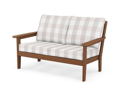 Country Living Cottage Deep Seating Loveseat in Teak / Buffalo Plaid Dune Burlap