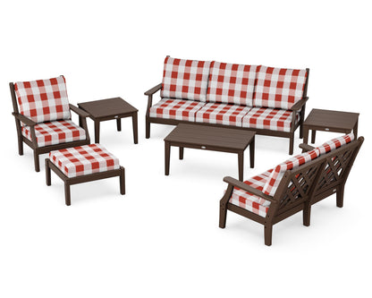 Country Living Wovendale 7-Piece Deep Seating Set in Mahogany / Buffalo Plaid Crimson