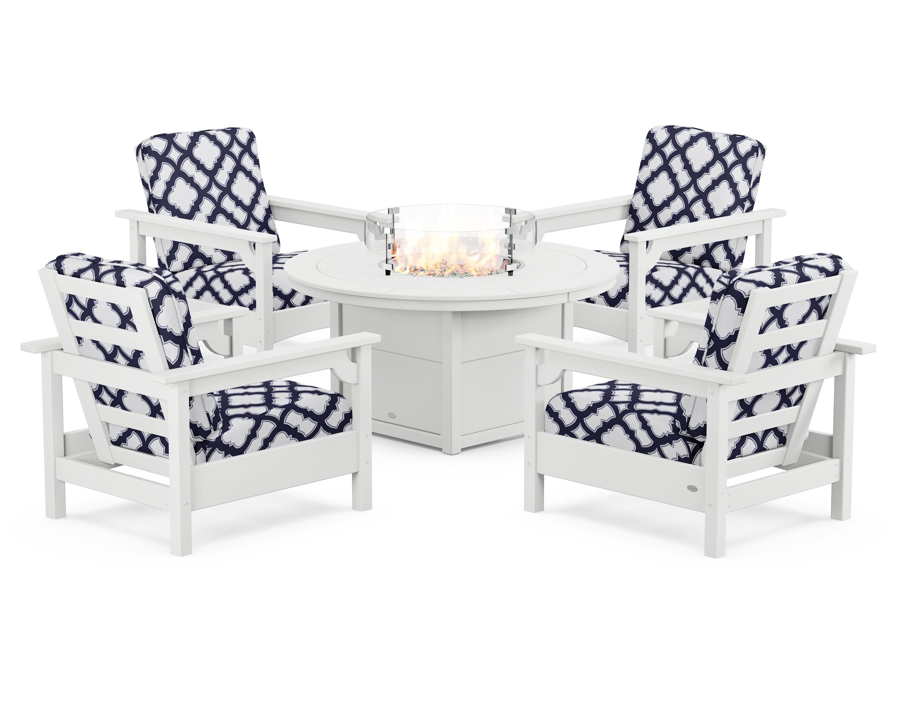 POLYWOOD® Club 5-Piece Conversation Set with Fire Pit Table in White / Trellis Navy
