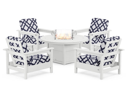 POLYWOOD® Club 5-Piece Conversation Set with Fire Pit Table in White / Trellis Navy