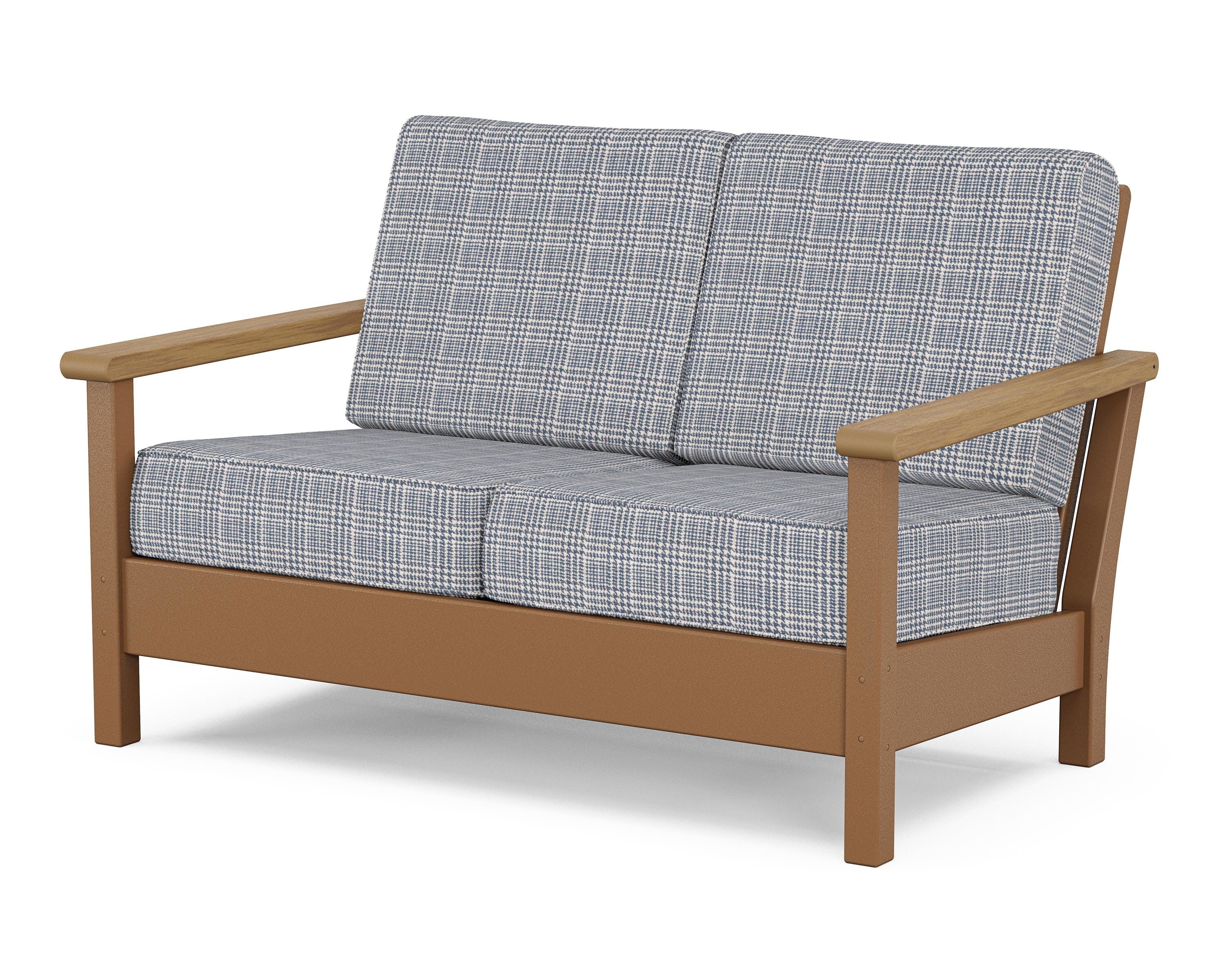 POLYWOOD® Harbour Deep Seating Loveseat in Teak / Natural / Houndstooth Sky Blue