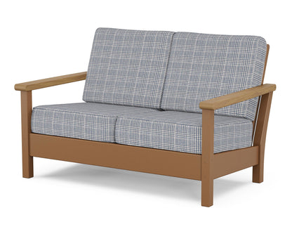 POLYWOOD® Harbour Deep Seating Loveseat in Teak / Natural / Houndstooth Sky Blue
