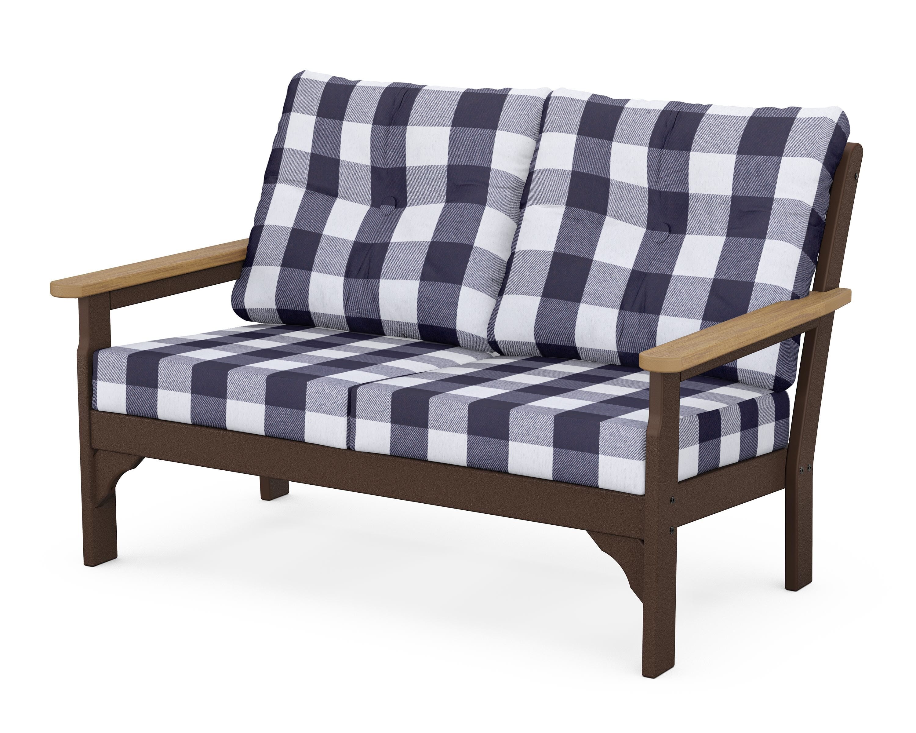 POLYWOOD® Vineyard Deep Seating Loveseat in Mahogany / Natural / Buffalo Plaid Navy