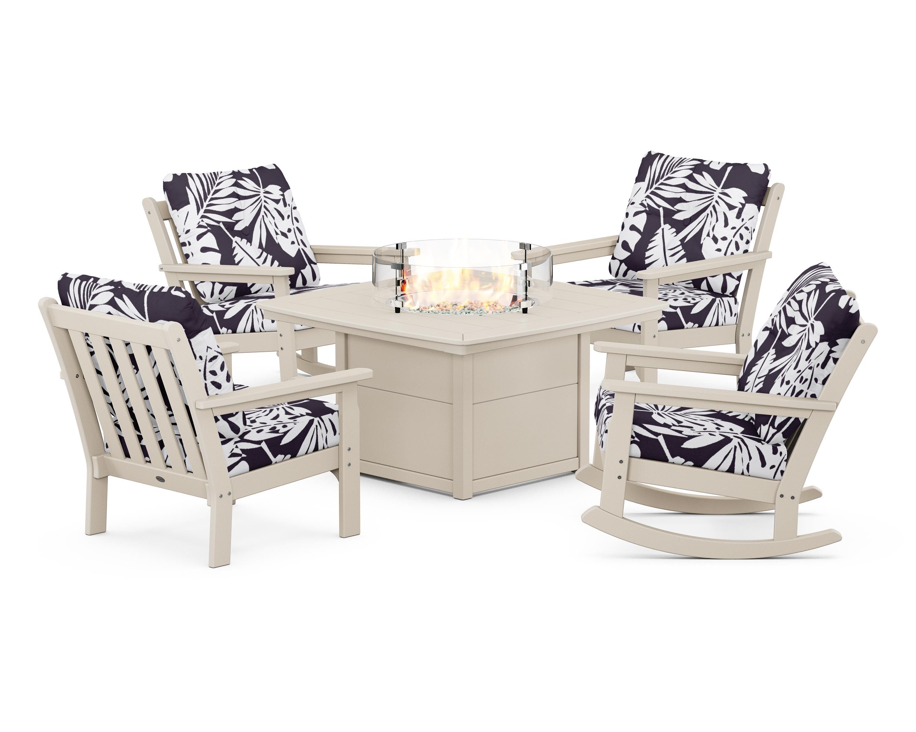 POLYWOOD® Vineyard 5-Piece Deep Seating Rocking Chair Conversation Set with Fire Pit Table in Sand / Leaf Navy