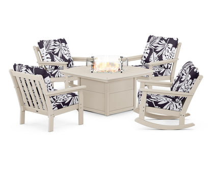 POLYWOOD® Vineyard 5-Piece Deep Seating Rocking Chair Conversation Set with Fire Pit Table in Sand / Leaf Navy