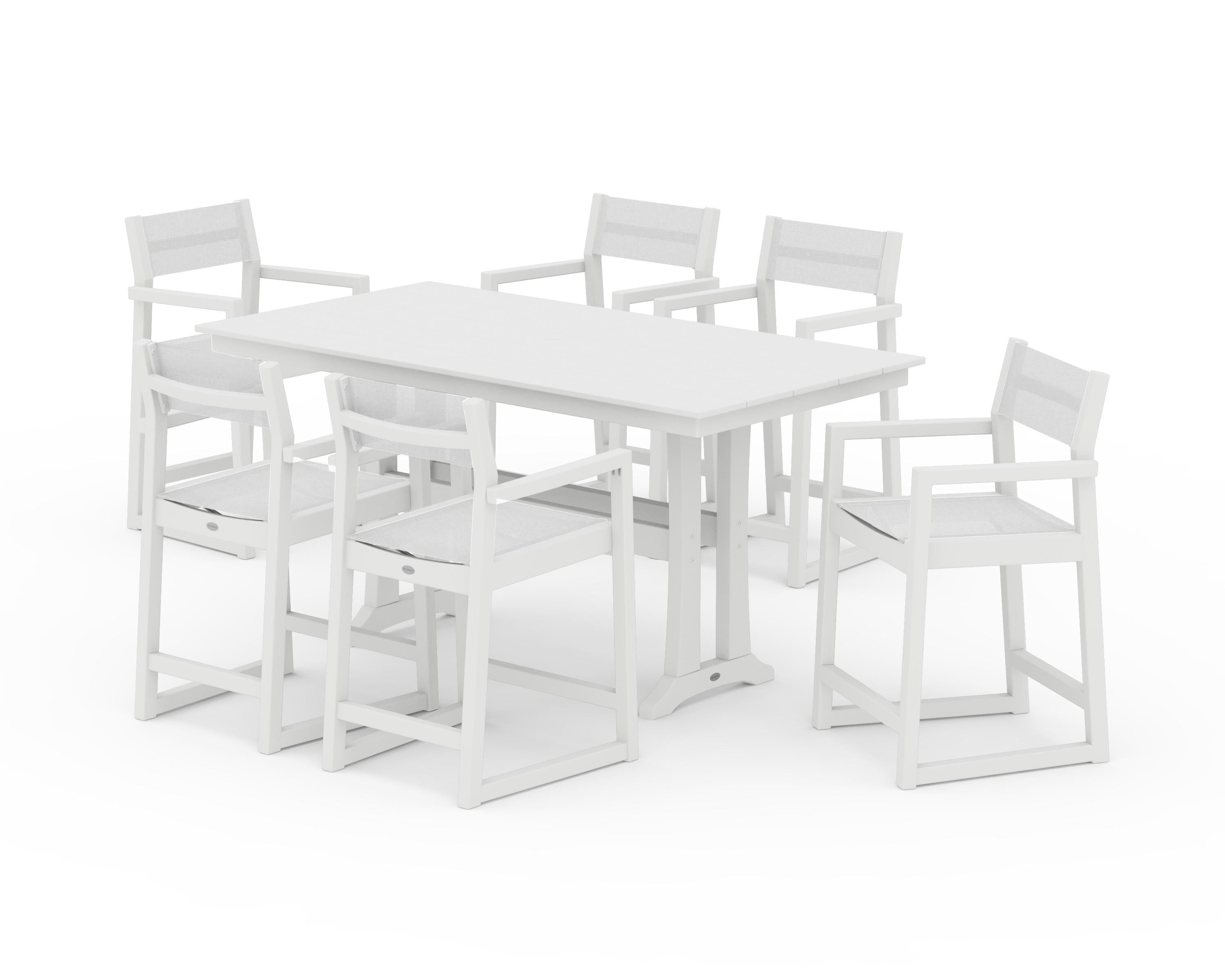 POLYWOOD® EDGE Sling Arm Chair 7-Piece Farmhouse Counter Set with Trestle Legs in White / White Sling