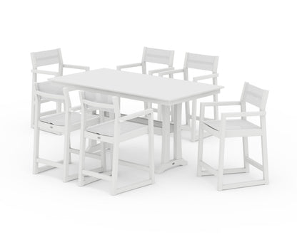 POLYWOOD® EDGE Sling Arm Chair 7-Piece Farmhouse Counter Set with Trestle Legs in White / White Sling