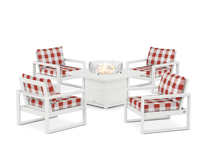 POLYWOOD® EDGE Sectional 5-Piece Deep Seating Set with Fire Pit Table in White / Buffalo Plaid Crimson