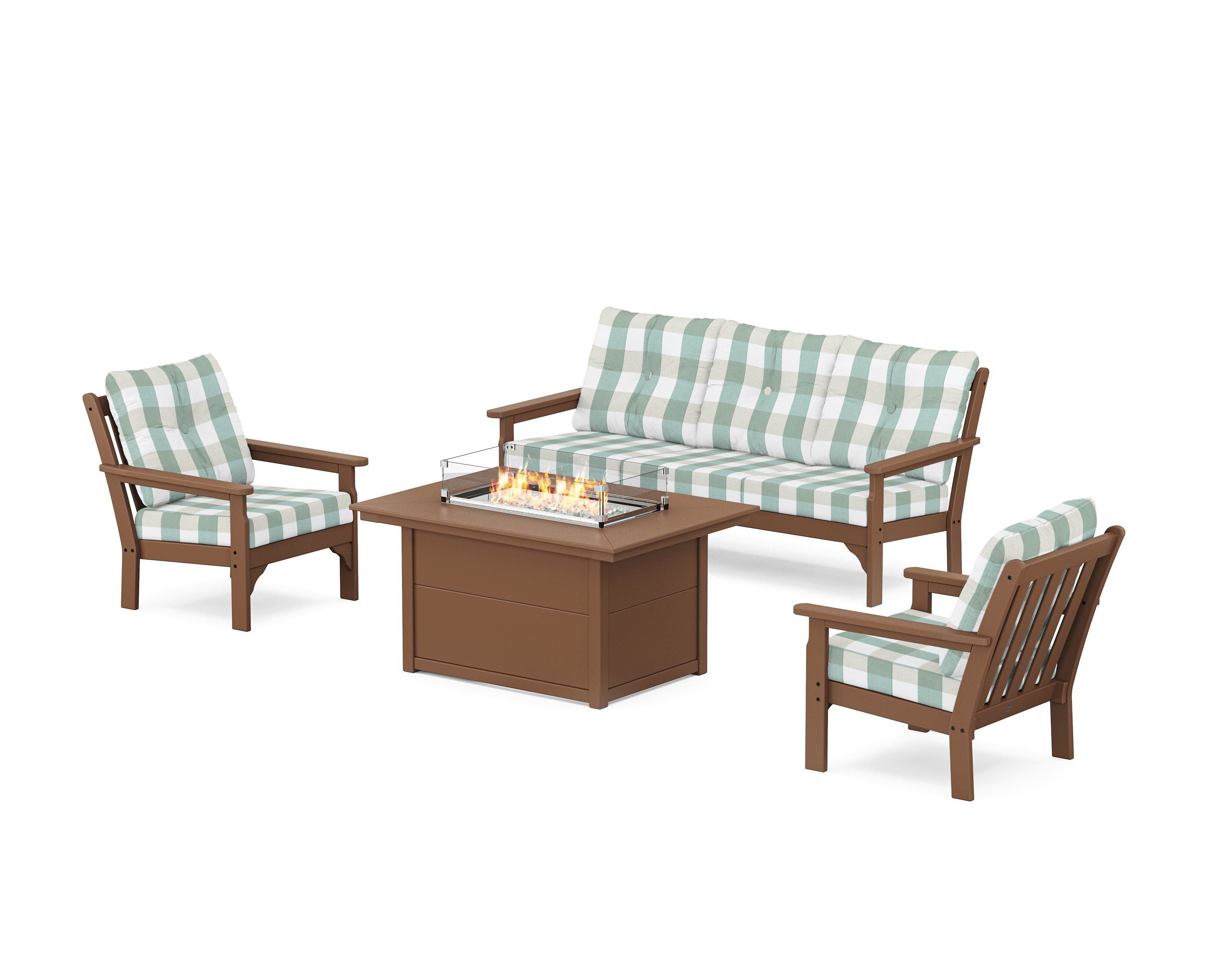 POLYWOOD® Vineyard Deep Seating Fire Pit Table Set in Teak / Buffalo Plaid Glacier Spa