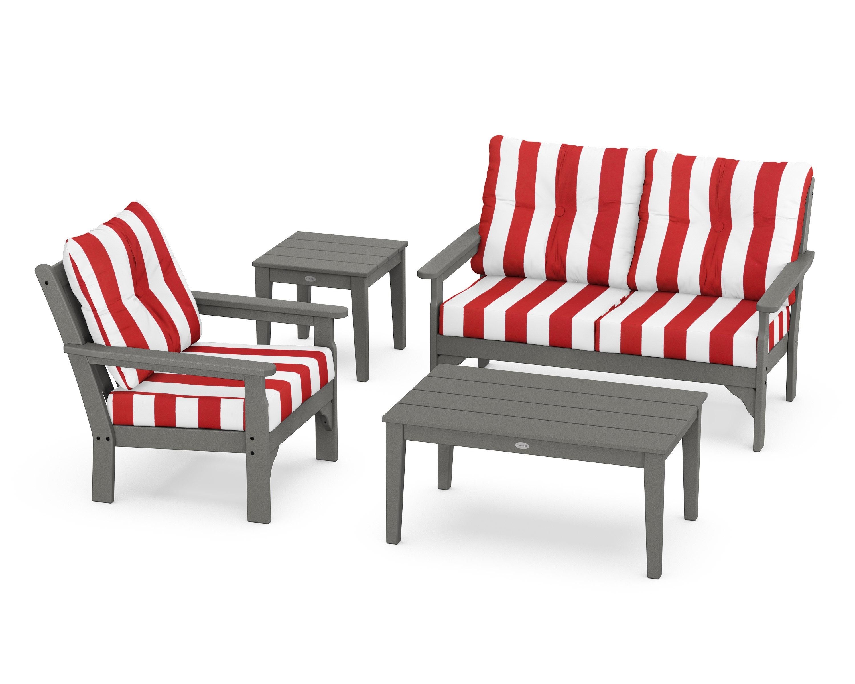 POLYWOOD® Vineyard 4-Piece Deep Seating Set in Slate Grey / Cabana Stripe Crimson