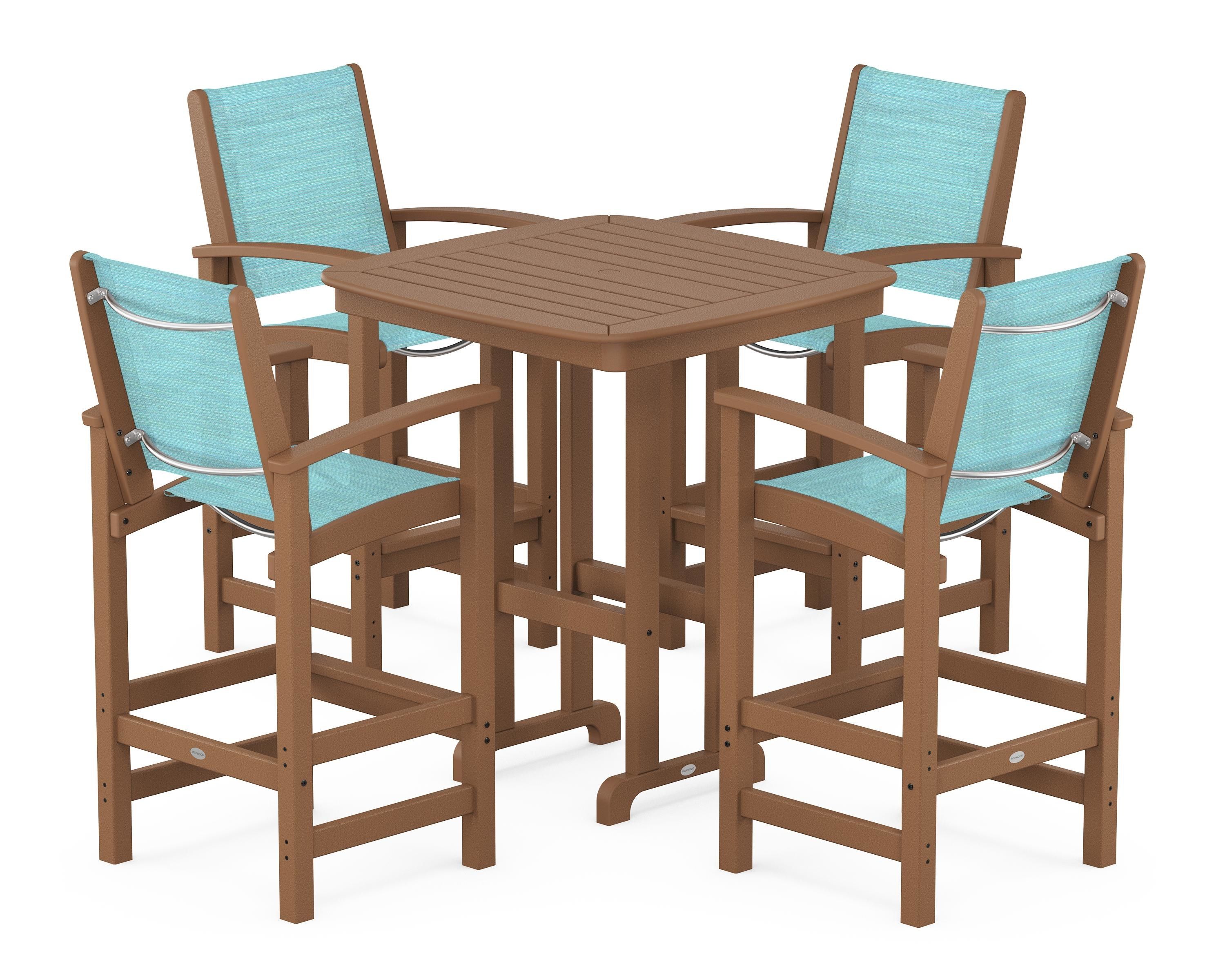 POLYWOOD® Coastal 5-Piece Bar Set in Teak / Dupioni Aquamarine Sling