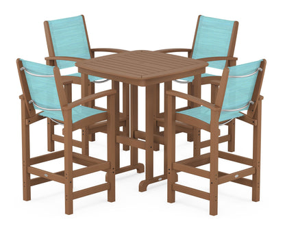 POLYWOOD® Coastal 5-Piece Bar Set in Teak / Dupioni Aquamarine Sling