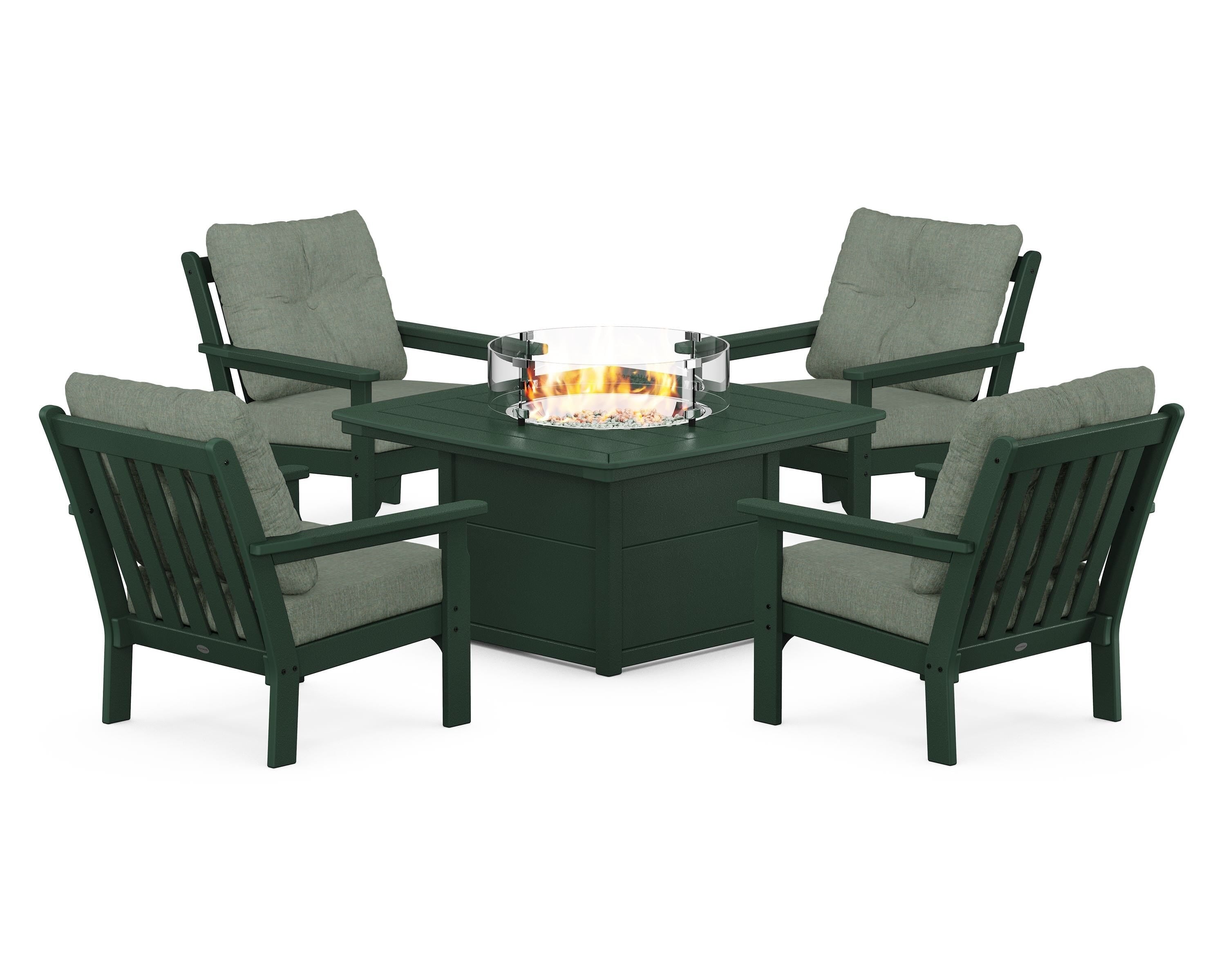 POLYWOOD® Vineyard 5-Piece Conversation Set with Fire Pit Table in Green / Cast Sage