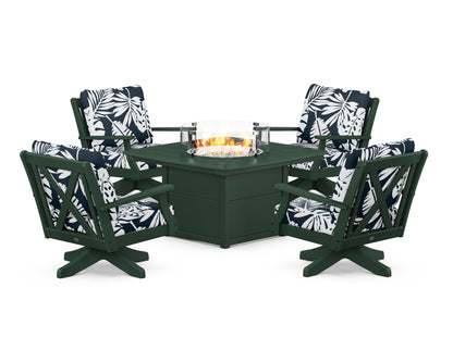 POLYWOOD® Braxton 5-Piece Deep Seating Swivel Conversation Set with Fire Pit Table in Green / Leaf Marine Indigo