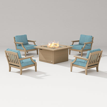 PW Designer Series Estate 5-Piece Lounge Fire Table Set in Vintage Sahara / Lattice Sky Blue