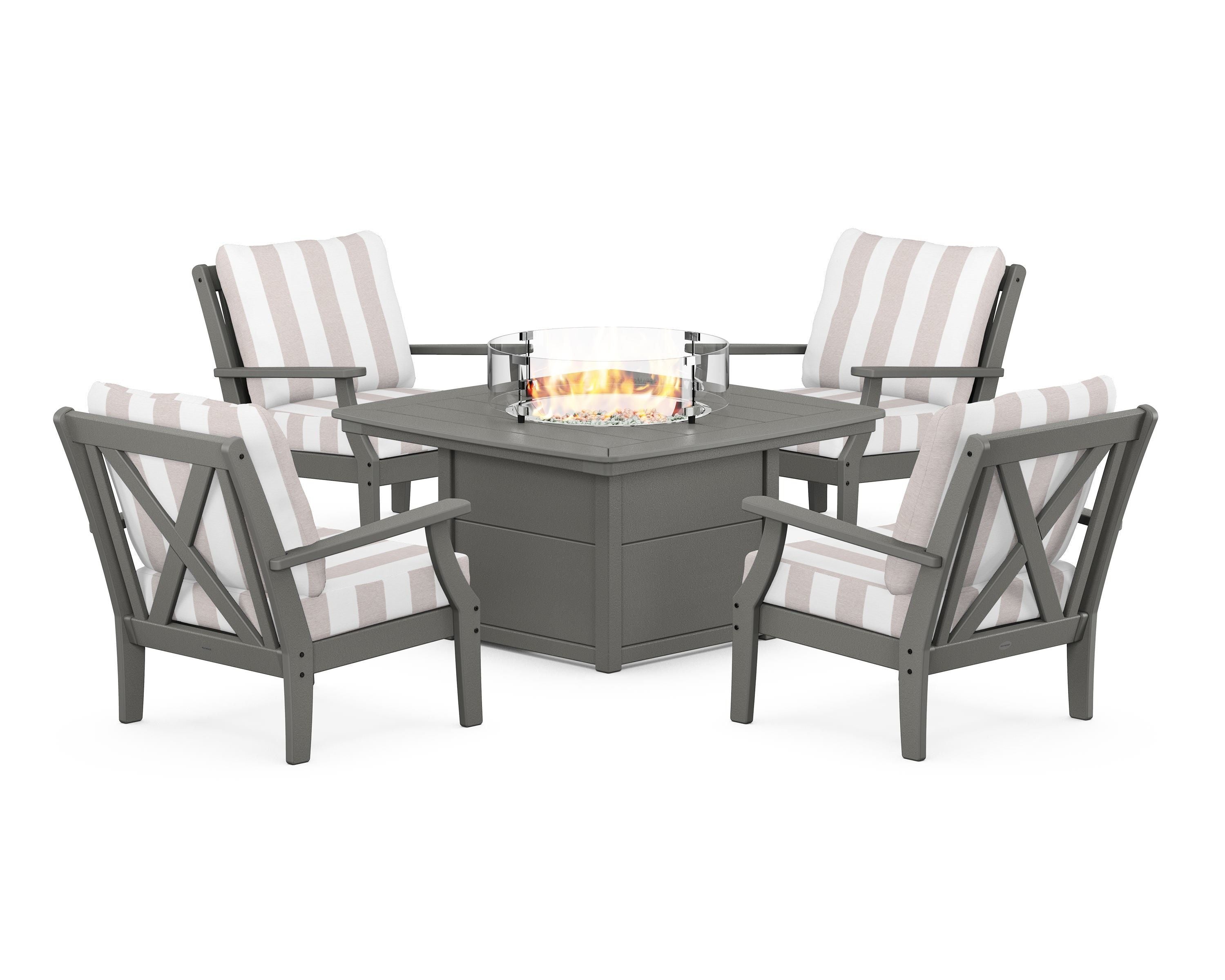 POLYWOOD® Braxton 5-Piece Deep Seating Conversation Set with Fire Pit Table in Slate Grey / Cabana Stripe Dune Burlap