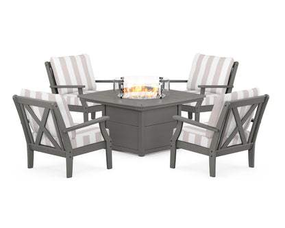 POLYWOOD® Braxton 5-Piece Deep Seating Conversation Set with Fire Pit Table in Slate Grey / Cabana Stripe Dune Burlap