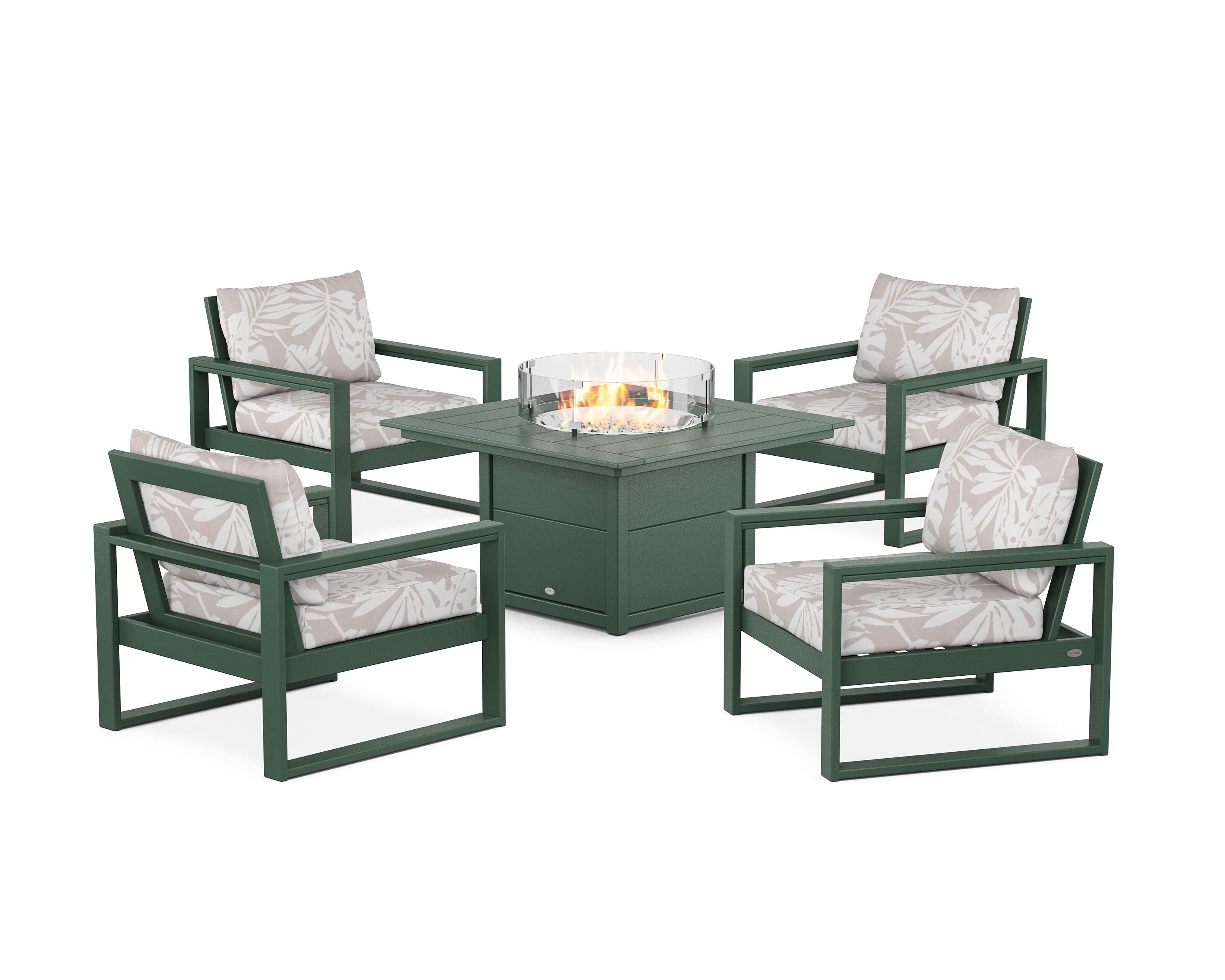 POLYWOOD® EDGE Sectional 5-Piece Deep Seating Set with Fire Pit Table in Green / Leaf Dune Burlap