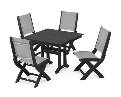 POLYWOOD® Coastal Folding Side Chair 5-Piece Farmhouse Dining Set With Trestle Legs in Black / Metallic Sling