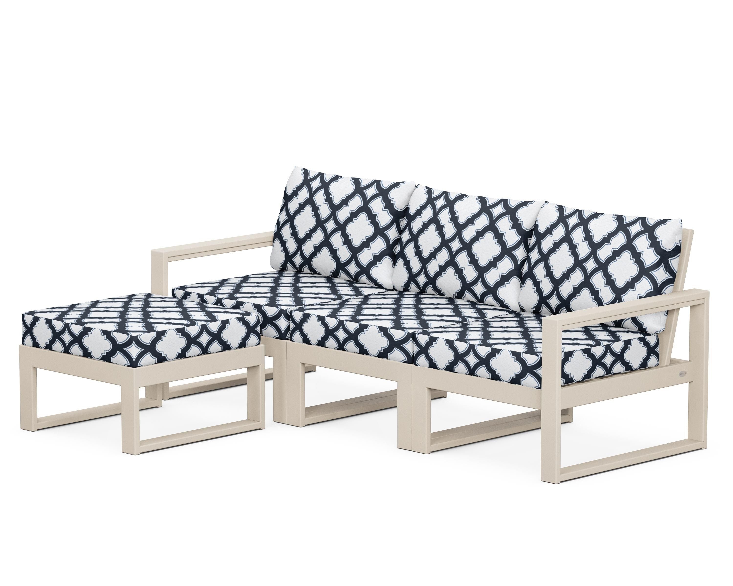 POLYWOOD® EDGE 4-Piece Modular Deep Seating Set with Ottoman in Sand / Trellis Marine Indigo
