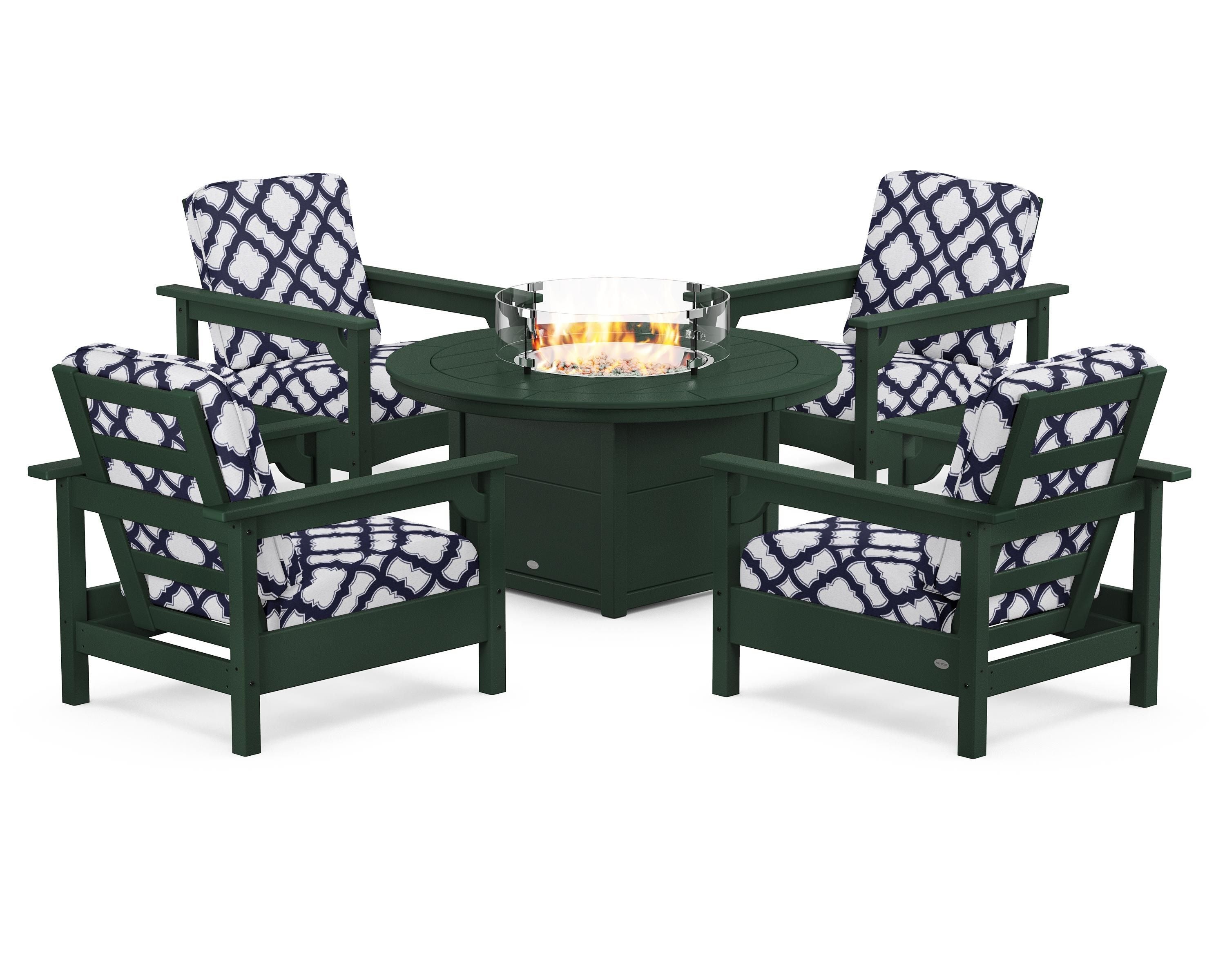 POLYWOOD® Club 5-Piece Conversation Set with Fire Pit Table in Green / Trellis Navy