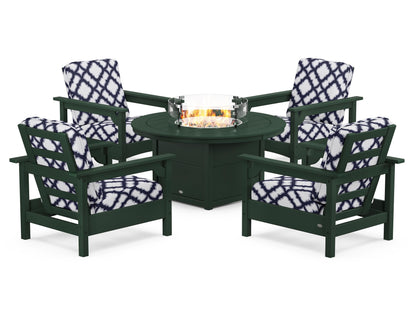 POLYWOOD® Club 5-Piece Conversation Set with Fire Pit Table in Green / Trellis Navy