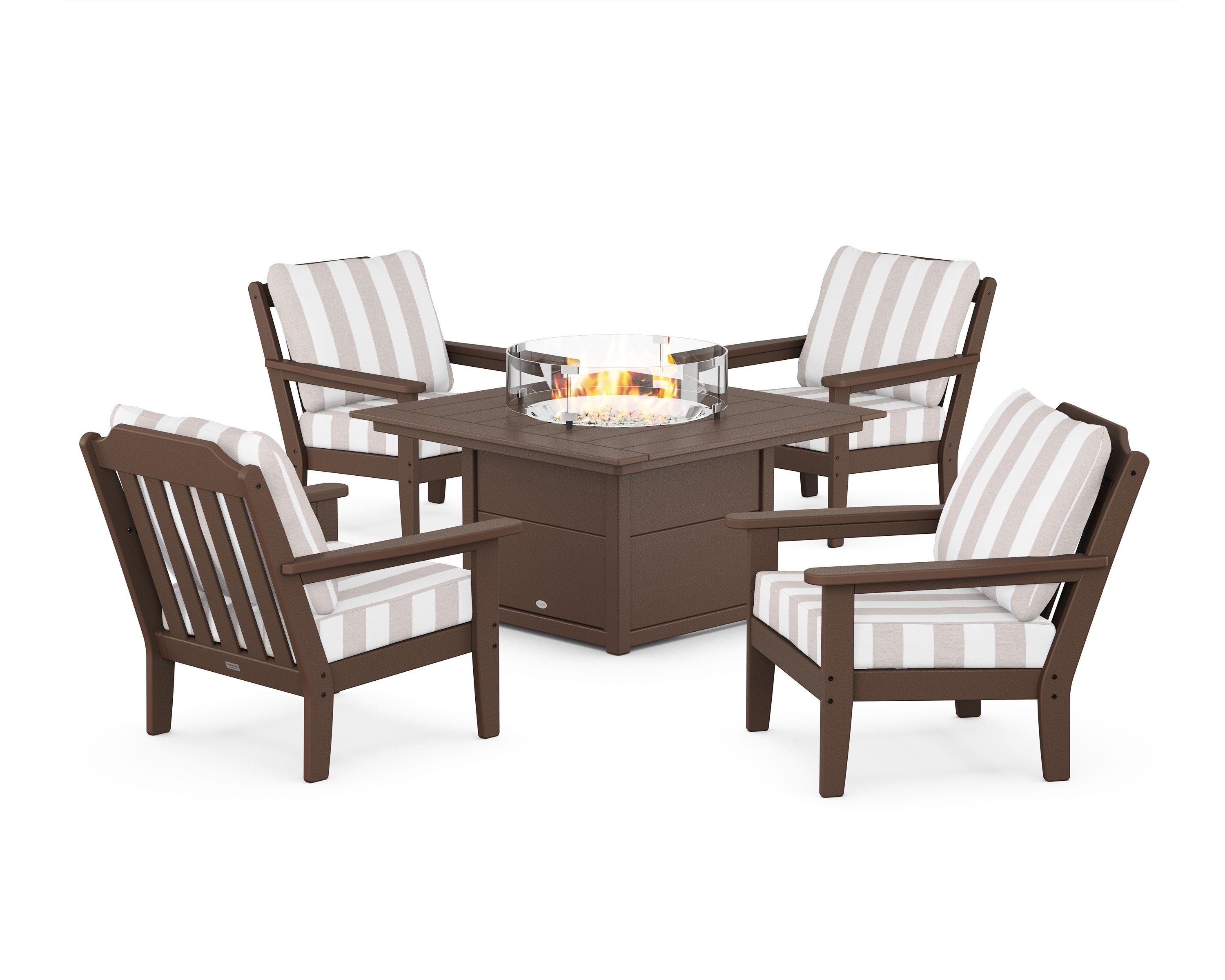 Country Living Cottage 5-Piece Deep Seating Set with Fire Pit Table in Mahogany / Cabana Stripe Dune Burlap
