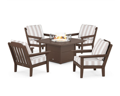Country Living Cottage 5-Piece Deep Seating Set with Fire Pit Table in Mahogany / Cabana Stripe Dune Burlap