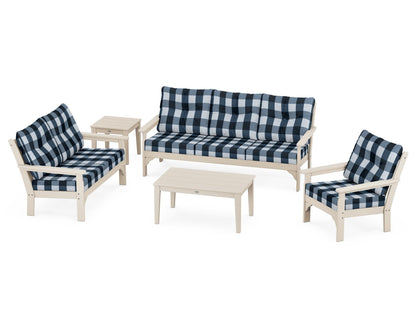 POLYWOOD® Vineyard 5 Piece Deep Seating Set in Sand / Buffalo Plaid Marine Indigo