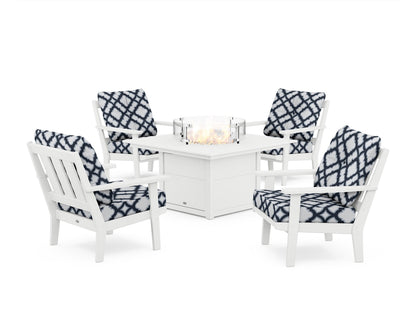 POLYWOOD® Oxford 5-Piece Deep Seating Set with Fire Pit Table in White / Trellis Marine Indigo