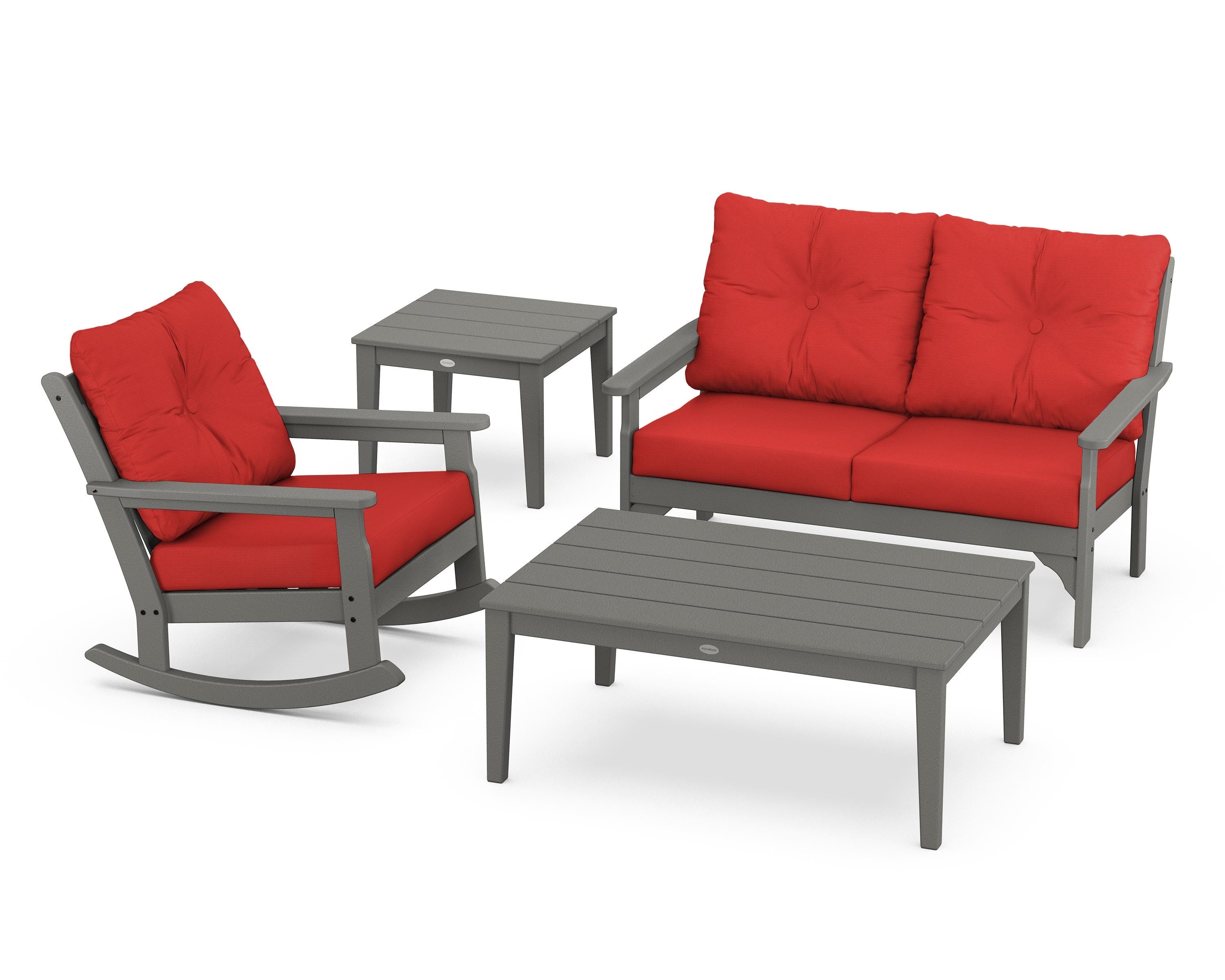 POLYWOOD® Vineyard 4-Piece Deep Seating Rocker Set in Slate Grey / Crimson Linen