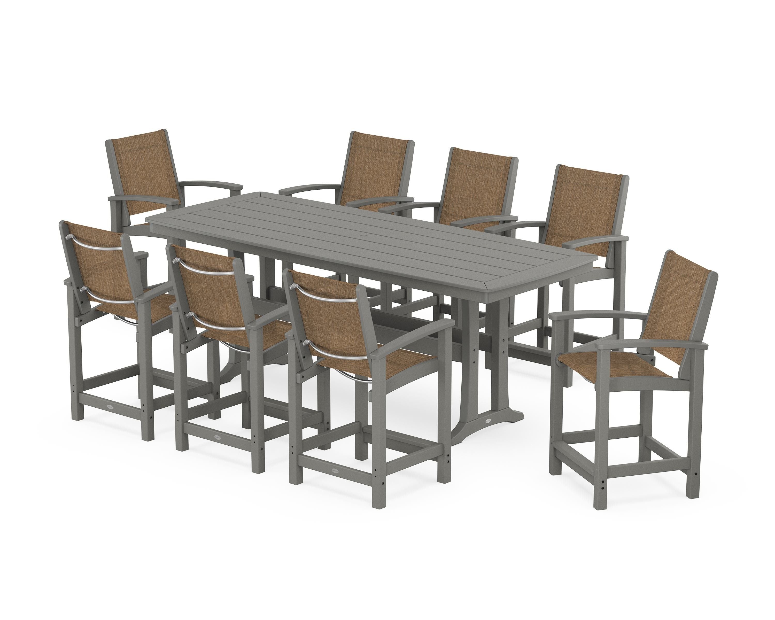 POLYWOOD® Coastal 9-Piece Counter Set with Trestle Legs in Slate Grey / Burlap Sling