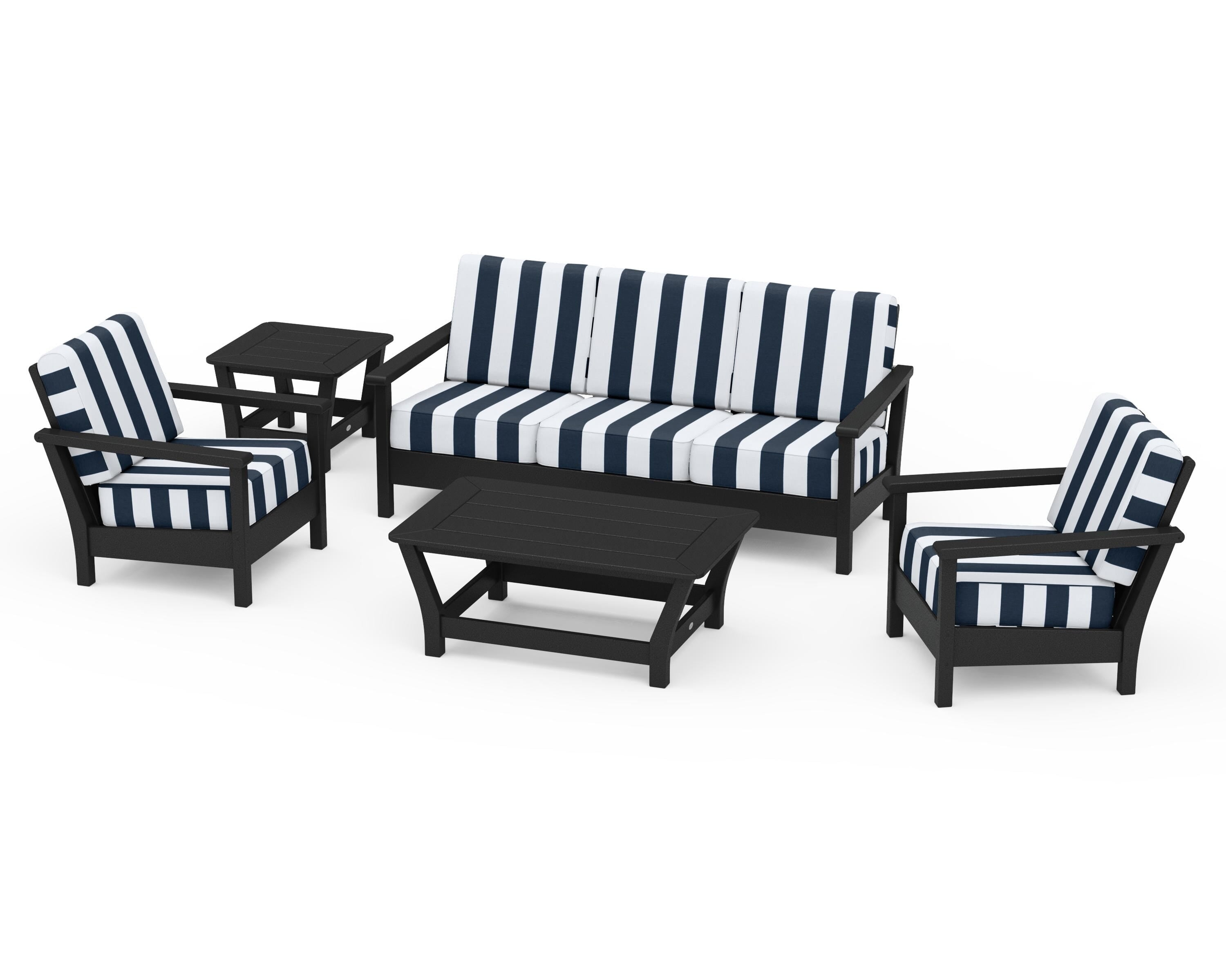 POLYWOOD® Harbour 5-Piece Deep Seating Set in Black / Cabana Stripe Marine Indigo