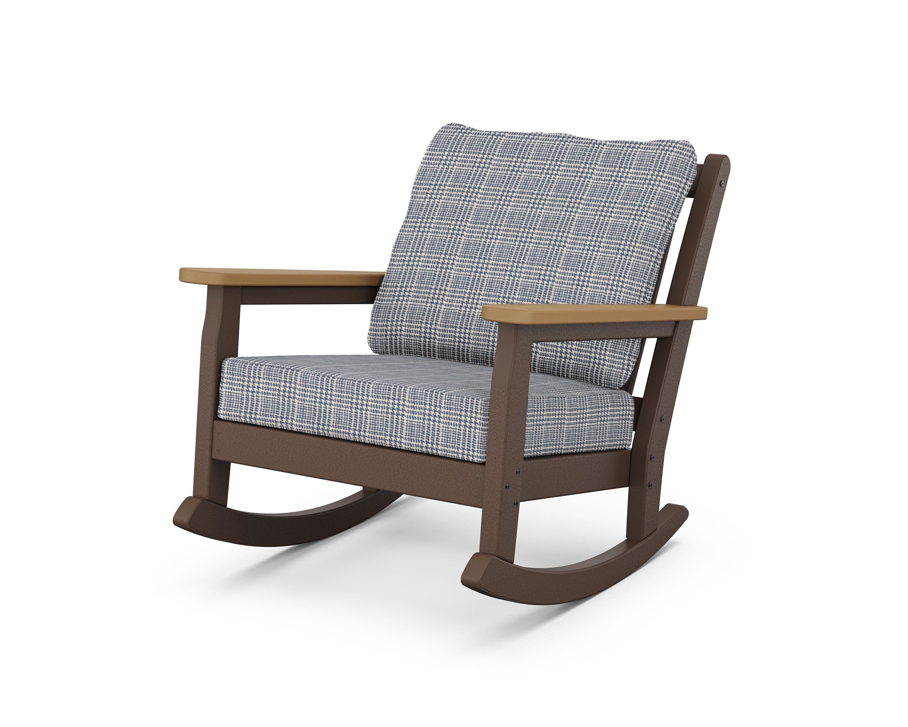 POLYWOOD® Chippendale Deep Seating Rocking Chair in Mahogany / Natural / Houndstooth Sky Blue