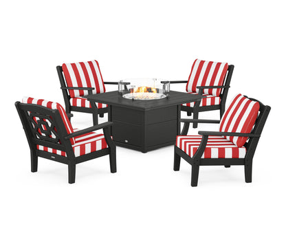 Martha Stewart by POLYWOOD® Chinoiserie 5-Piece Deep Seating Set with Fire Pit Table in Black / Cabana Stripe Crimson
