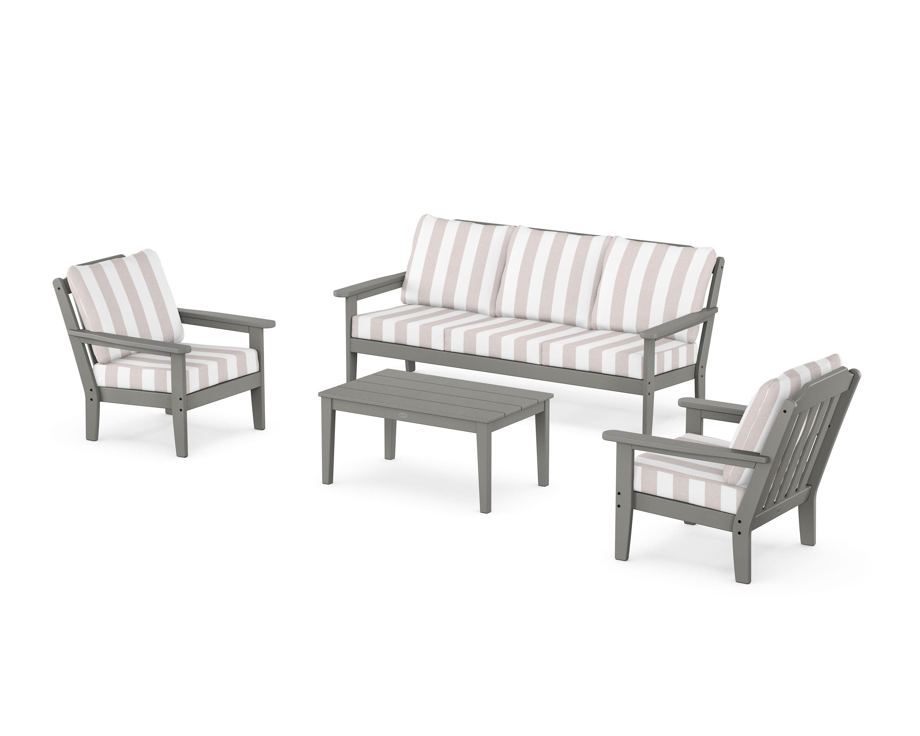 Country Living Cottage 4-Piece Deep Seating Set with Sofa in Slate Grey / Cabana Stripe Dune Burlap
