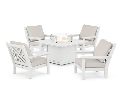 POLYWOOD® Chippendale 5-Piece Deep Seating Set with Fire Pit Table in White / Cast Ash