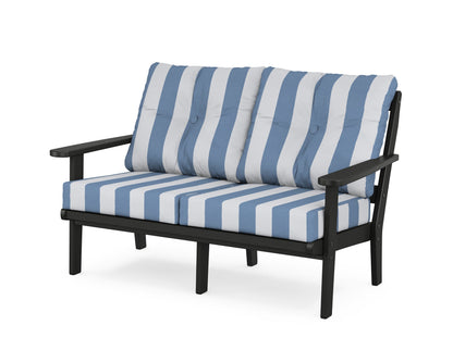 POLYWOOD® Mission Deep Seating Loveseat in Black / Cabana Stripe Sky Blue
